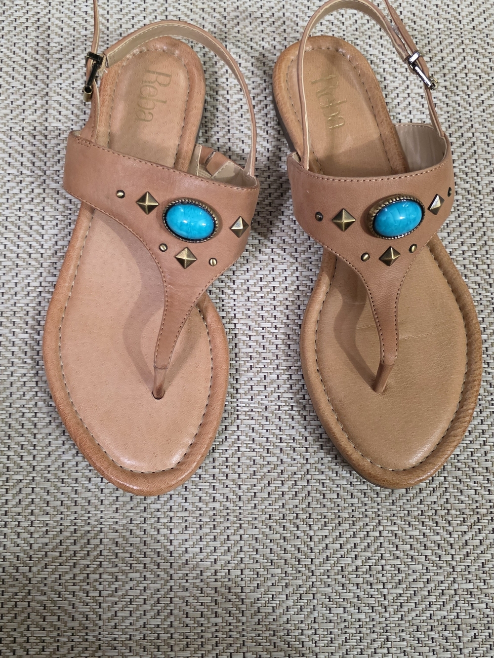 Reba Tan Sandal with Turquoise Stone and Gold Studs